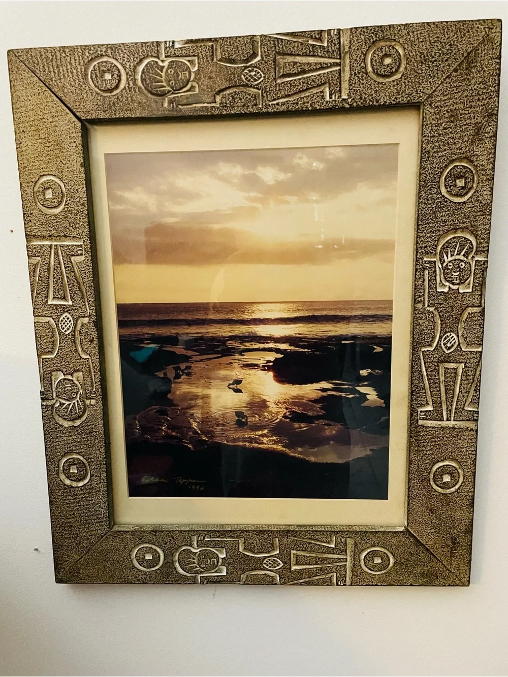 Vintage-signed Sepia photograph-low tide-Tanah Lot-Bali -Indonesia-carved frame